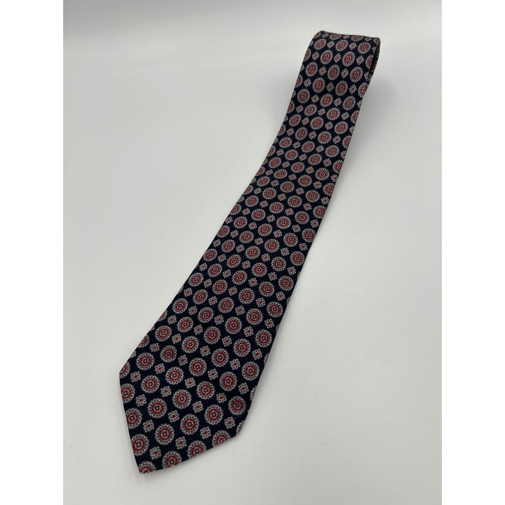 Oscar de la Renta Couture Silk Tie Navy Blue Red Medallion Geometric Wide Tie